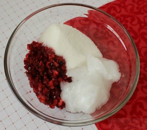Homemade Sugar Scrub featuring cranberry and vitamin E oil for moisturizing and exfoliation is a great gift this holiday season. Make this and put under the tree for your friends and family!